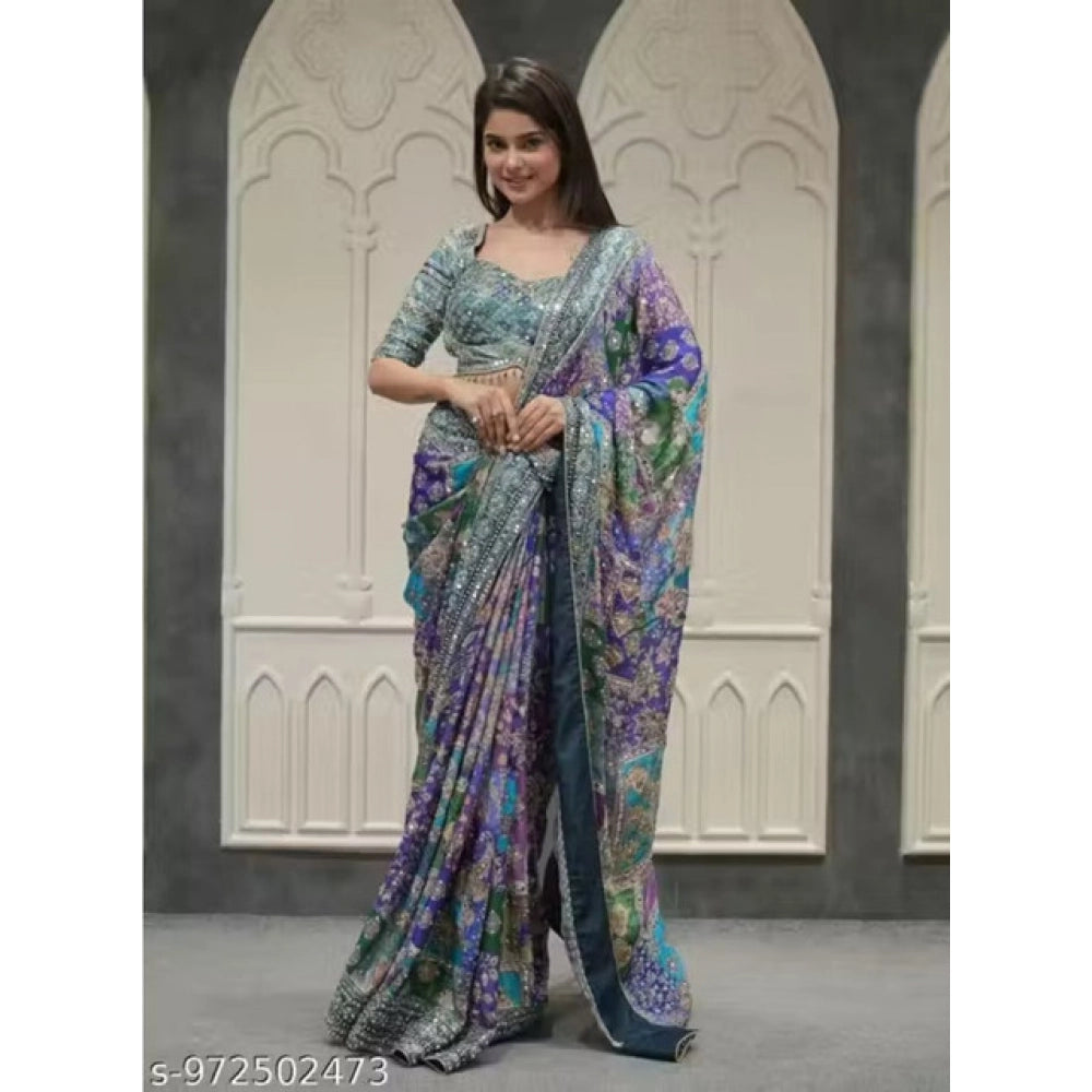 Women's Chiffon Embellished Saree With Unstitched Blouse 5.5Mtr (Multicolor)