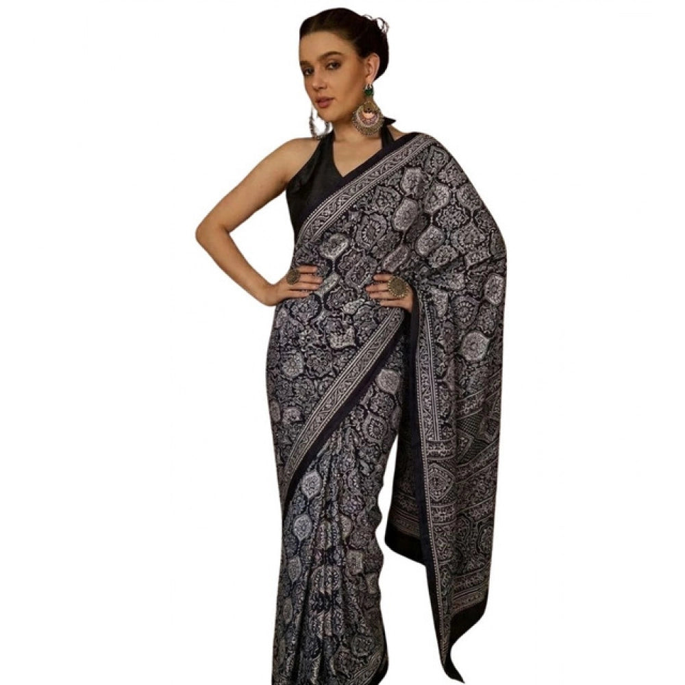 Women's Crepe Printed Saree With Unstitched Blouse 5.5Mtr (Black)
