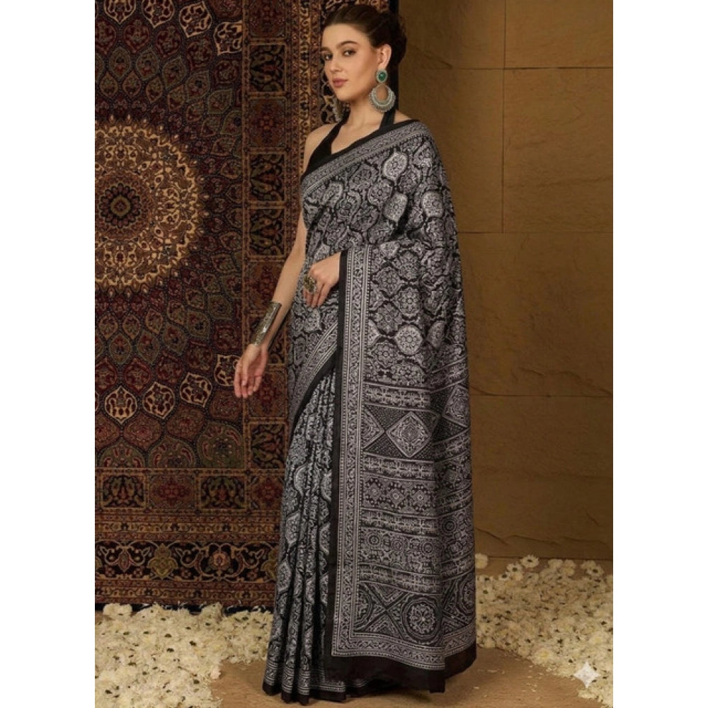 Women's Crepe Printed Saree With Unstitched Blouse 5.5Mtr (Black)