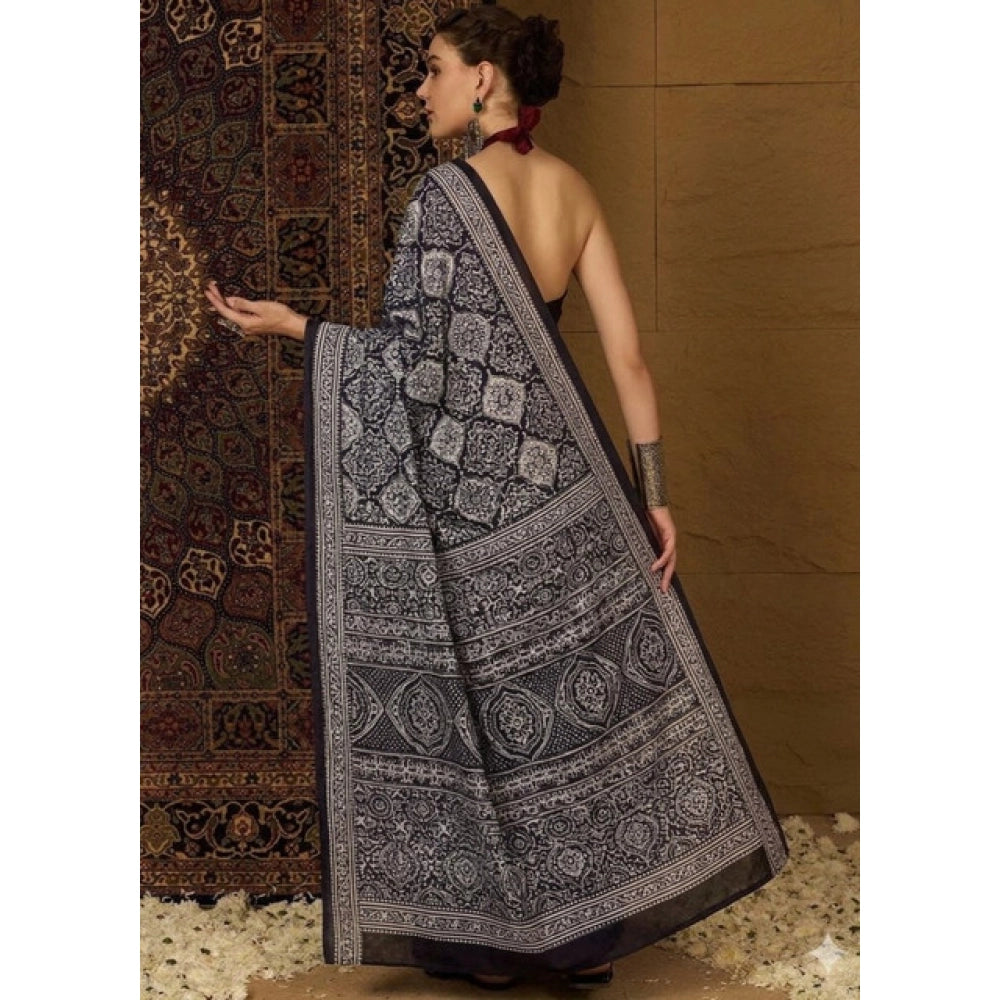 Women's Crepe Printed Saree With Unstitched Blouse 5.5Mtr (Black)