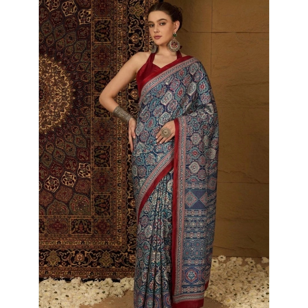 Women's Crepe Printed Saree With Unstitched Blouse 5.5Mtr (Navy Blue)