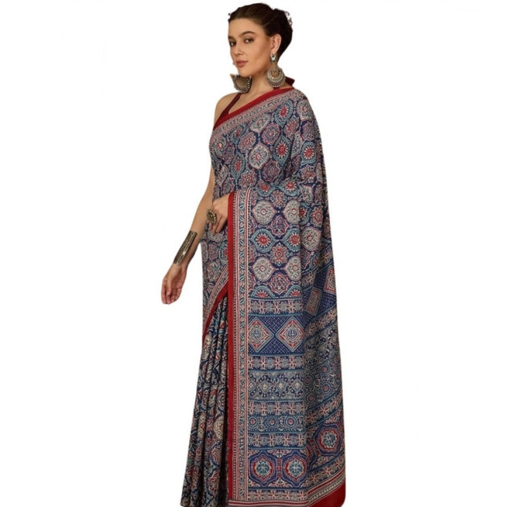 Women's Crepe Printed Saree With Unstitched Blouse 5.5Mtr (Navy Blue)