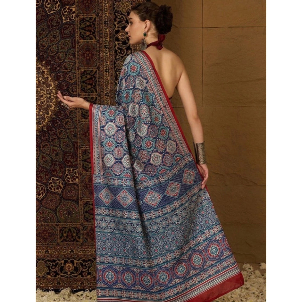 Women's Crepe Printed Saree With Unstitched Blouse 5.5Mtr (Navy Blue)