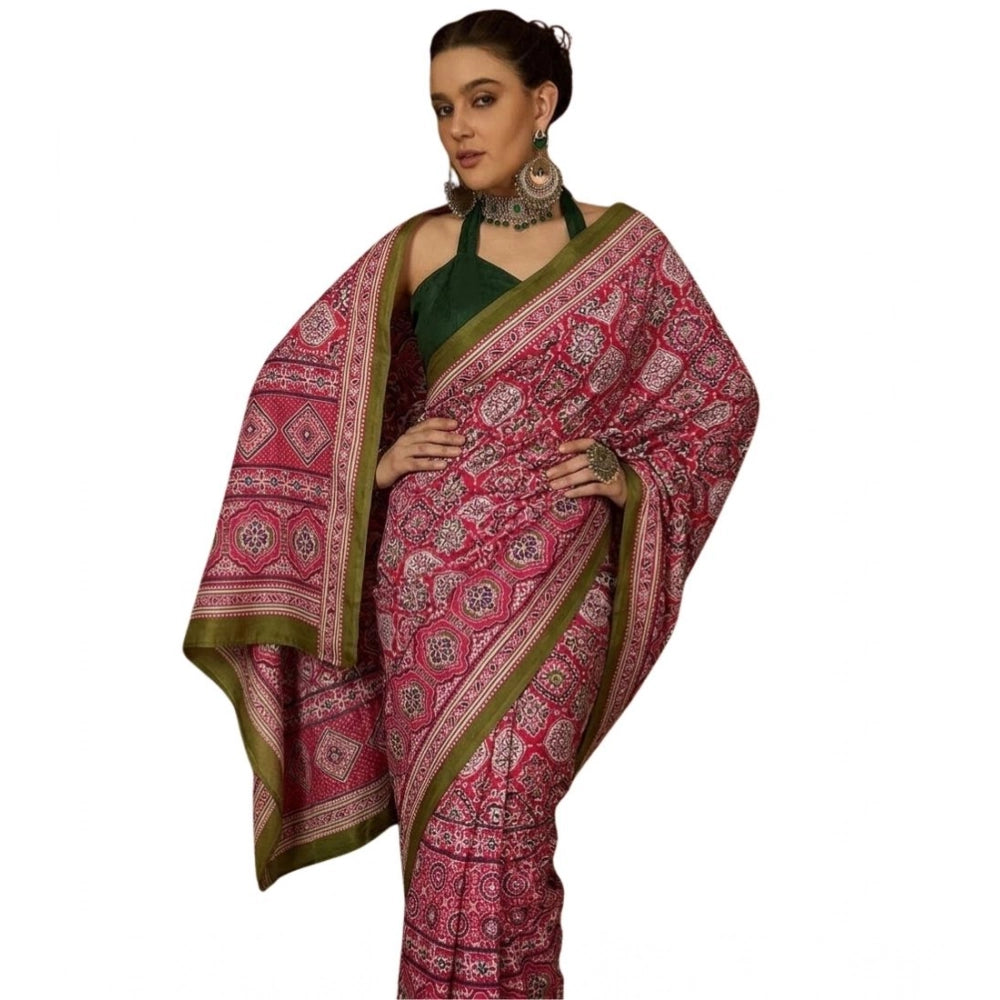 Women's Crepe Printed Saree With Unstitched Blouse 5.5Mtr (Pink)