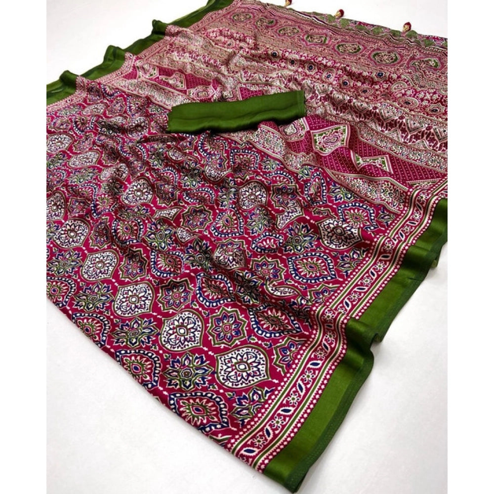 Women's Crepe Printed Saree With Unstitched Blouse 5.5Mtr (Pink)