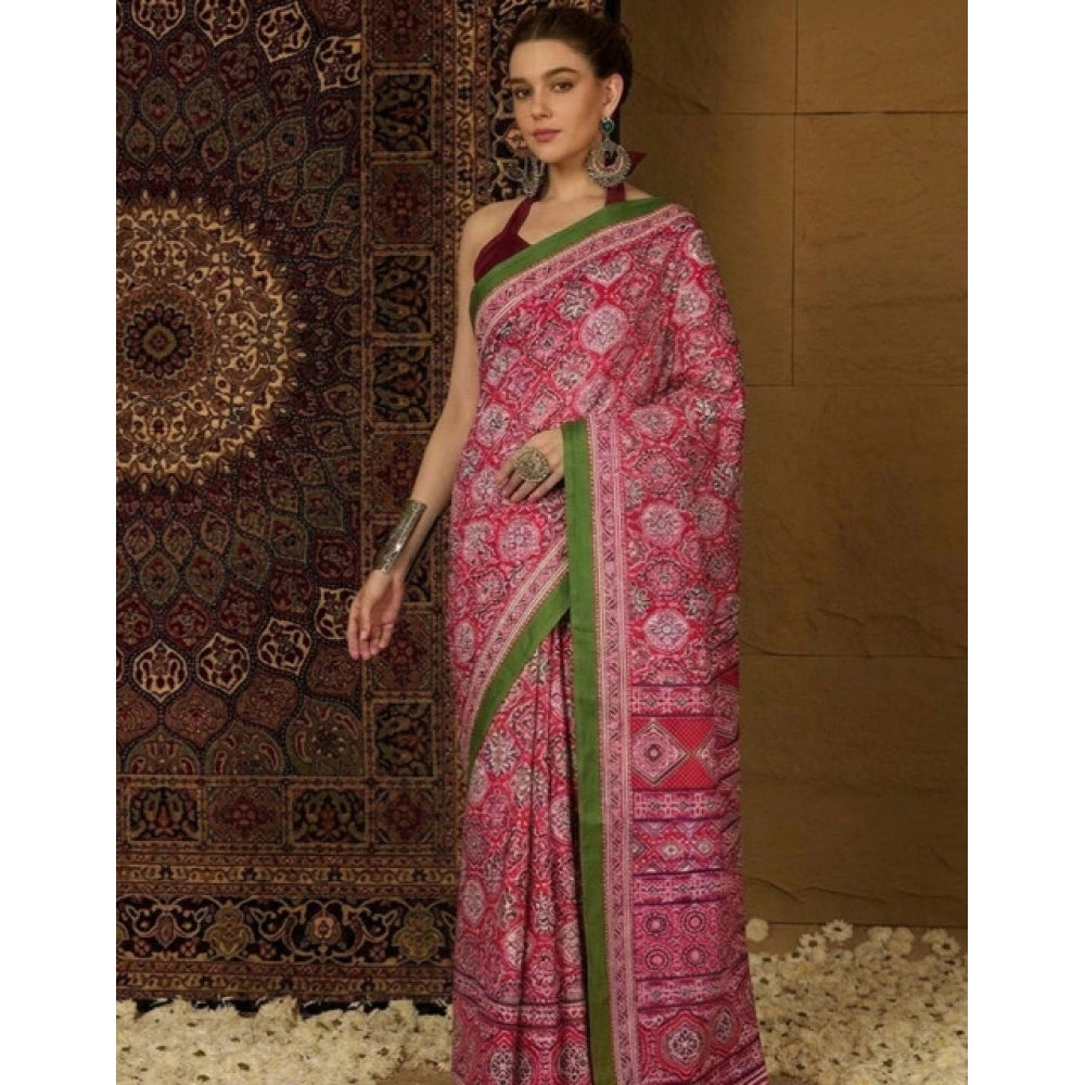 Women's Crepe Printed Saree With Unstitched Blouse 5.5Mtr (Pink)