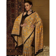 Women's Crepe Printed Saree With Unstitched Blouse 5.5Mtr (Yellow)