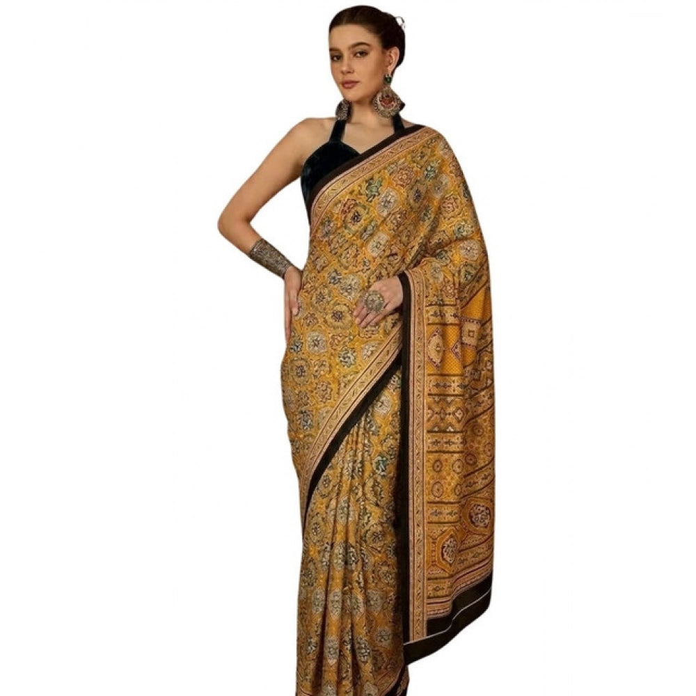 Women's Crepe Printed Saree With Unstitched Blouse 5.5Mtr (Yellow)
