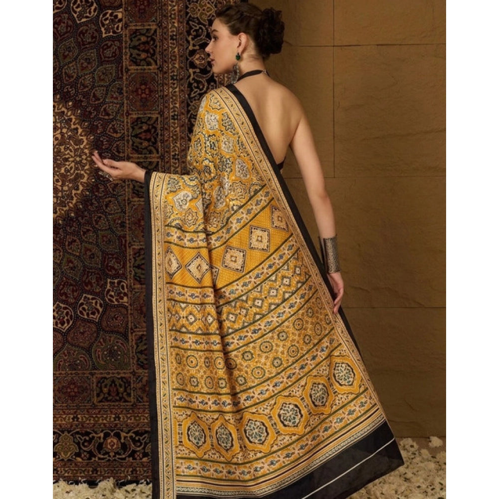 Women's Crepe Printed Saree With Unstitched Blouse 5.5Mtr (Yellow)