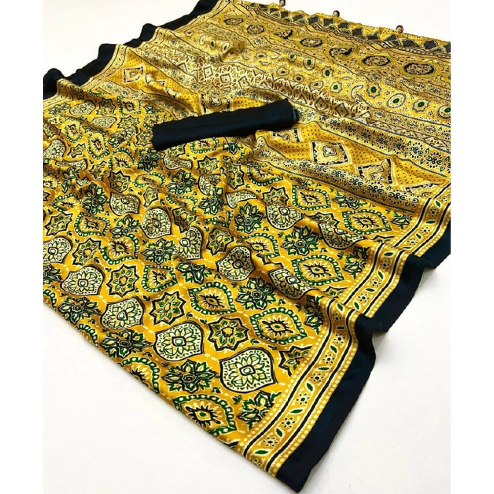 Women's Crepe Printed Saree With Unstitched Blouse 5.5Mtr (Yellow)