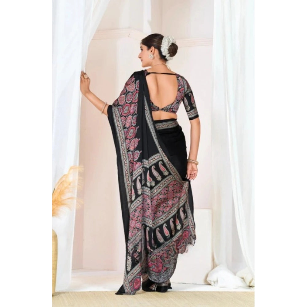 Women's Crepe Printed Saree With Unstitched Blouse 5.5Mtr (Black)