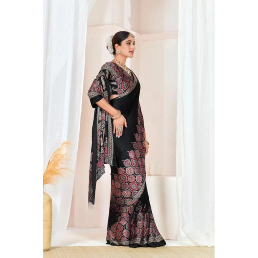 Women's Crepe Printed Saree With Unstitched Blouse 5.5Mtr (Black)