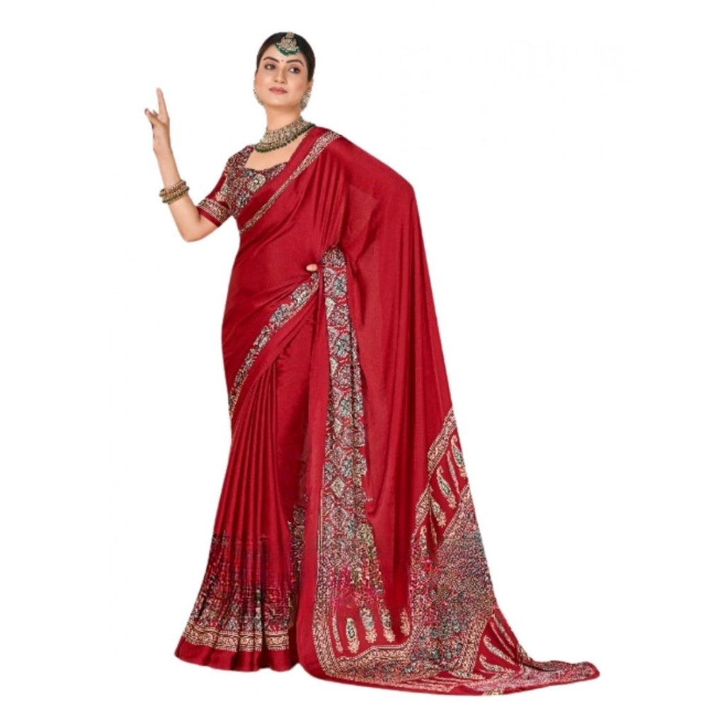 Women's Crepe Printed Saree With Unstitched Blouse 5.5Mtr (Maroon)