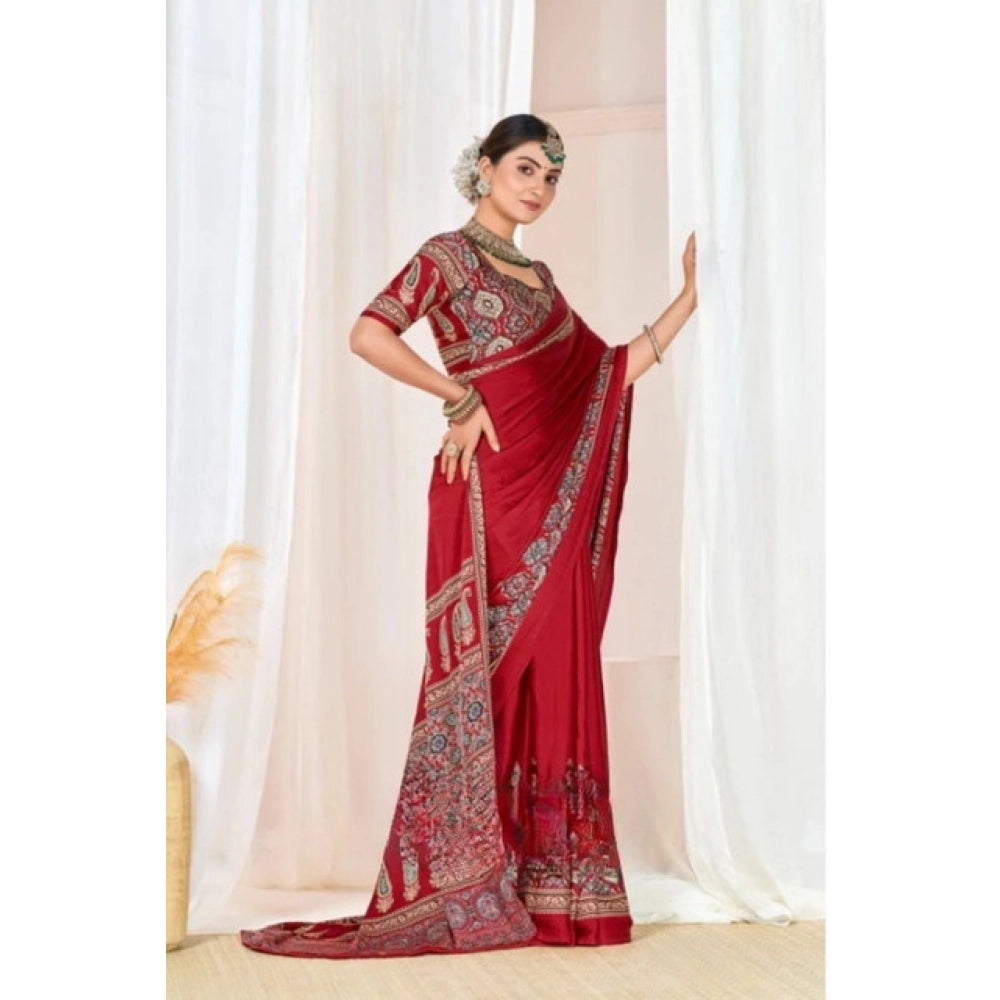 Women's Crepe Printed Saree With Unstitched Blouse 5.5Mtr (Maroon)