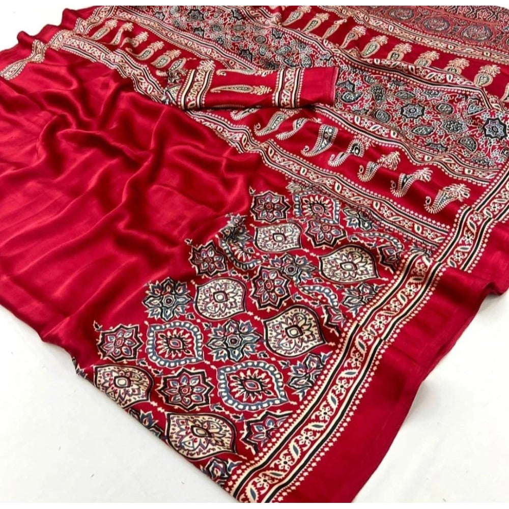 Women's Crepe Printed Saree With Unstitched Blouse 5.5Mtr (Maroon)