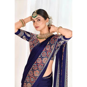 Women's Crepe Printed Saree With Unstitched Blouse 5.5Mtr (Navy Blue)