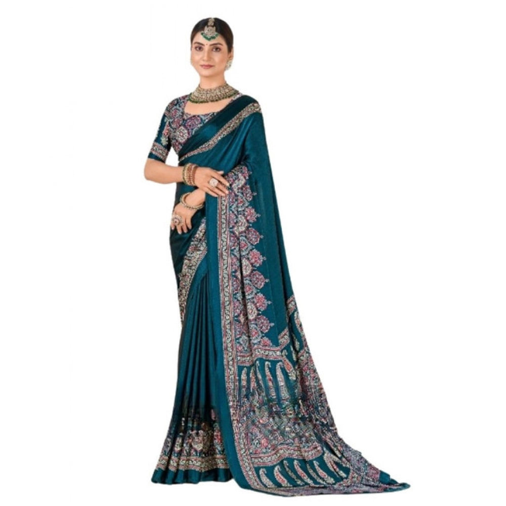 Women's Crepe Printed Saree With Unstitched Blouse 5.5Mtr (Teal)