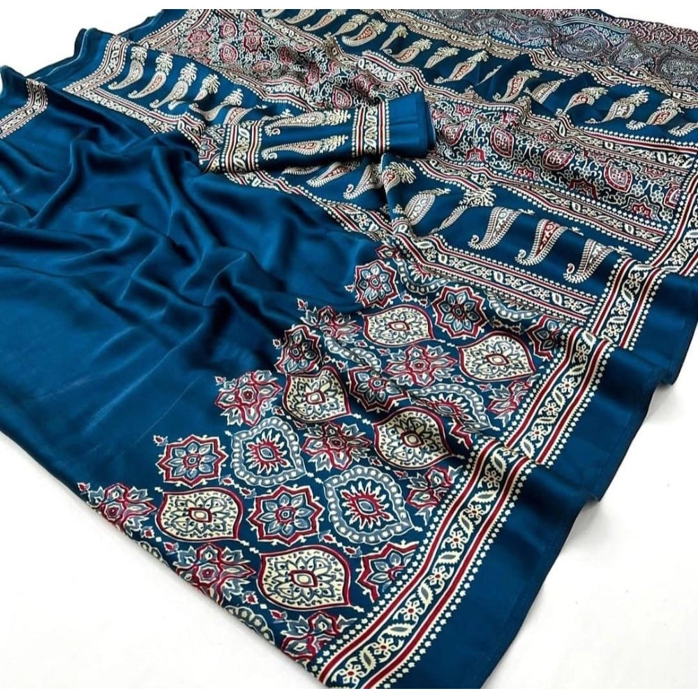 Women's Crepe Printed Saree With Unstitched Blouse 5.5Mtr (Teal)