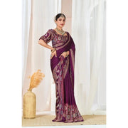 Women's Crepe Printed Saree With Unstitched Blouse 5.5Mtr (Wine)