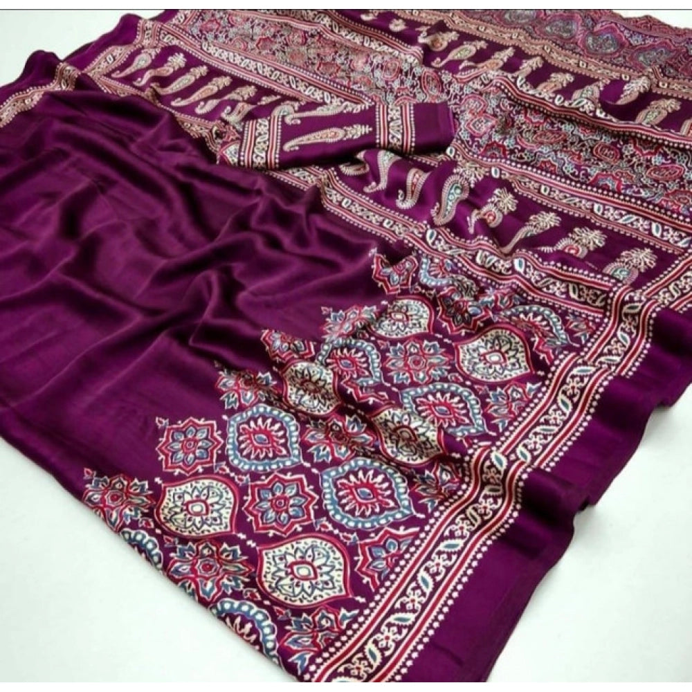 Women's Crepe Printed Saree With Unstitched Blouse 5.5Mtr (Wine)