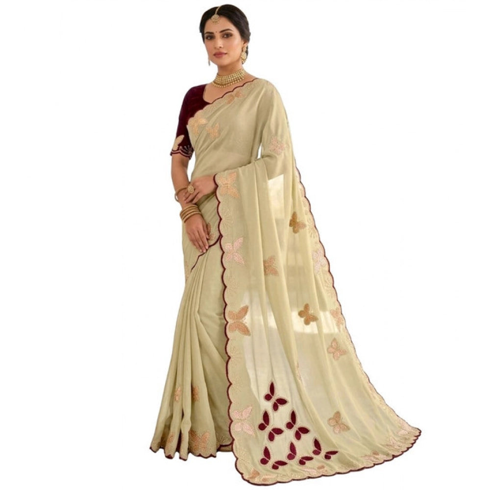 Women's Star Georgette Embellished Saree With Unstitched Blouse 5.5Mtr (Beige-Maroon)