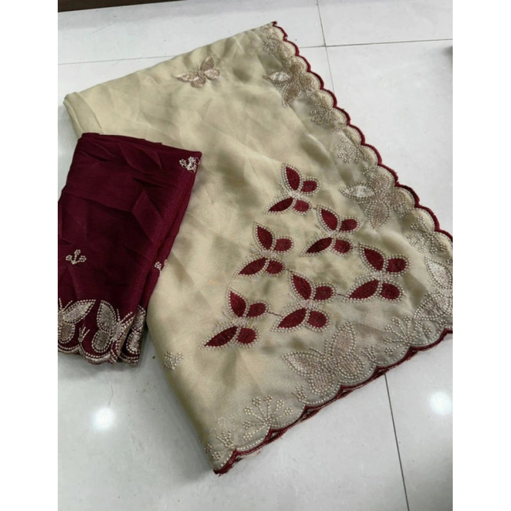 Women's Star Georgette Embellished Saree With Unstitched Blouse 5.5Mtr (Beige-Maroon)