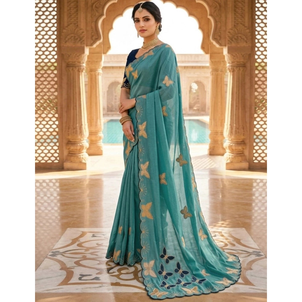 Women's Star Georgette Embellished Saree With Unstitched Blouse 5.5Mtr (Blue)