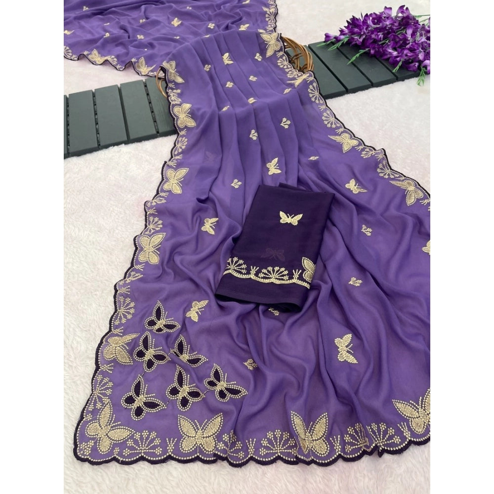Women's Star Georgette Embellished Saree With Unstitched Blouse 5.5Mtr (Lavender)