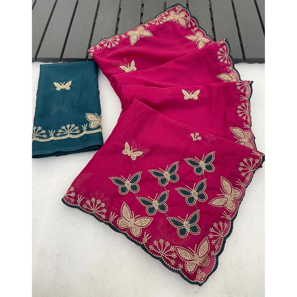Women's Star Georgette Embellished Saree With Unstitched Blouse 5.5Mtr (Magenta-Green)