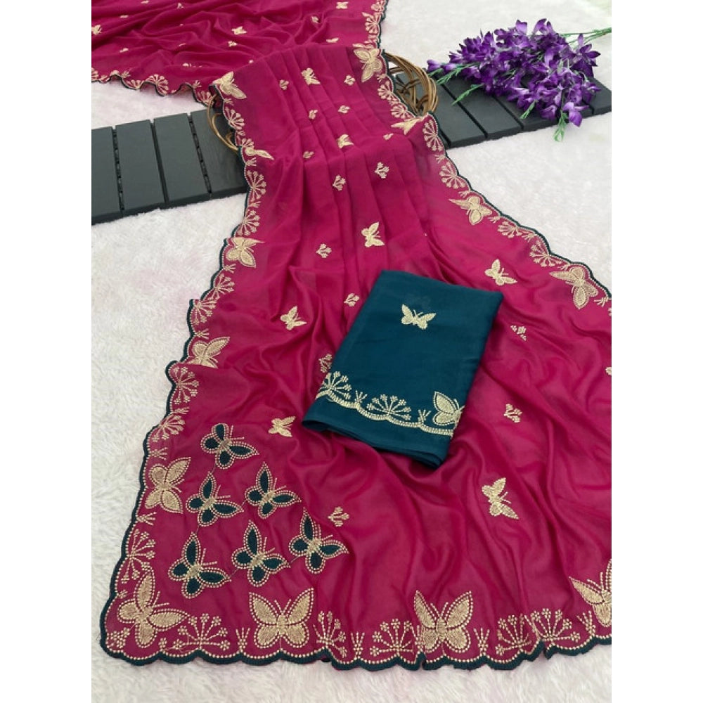 Women's Star Georgette Embellished Saree With Unstitched Blouse 5.5Mtr (Magenta-Green)