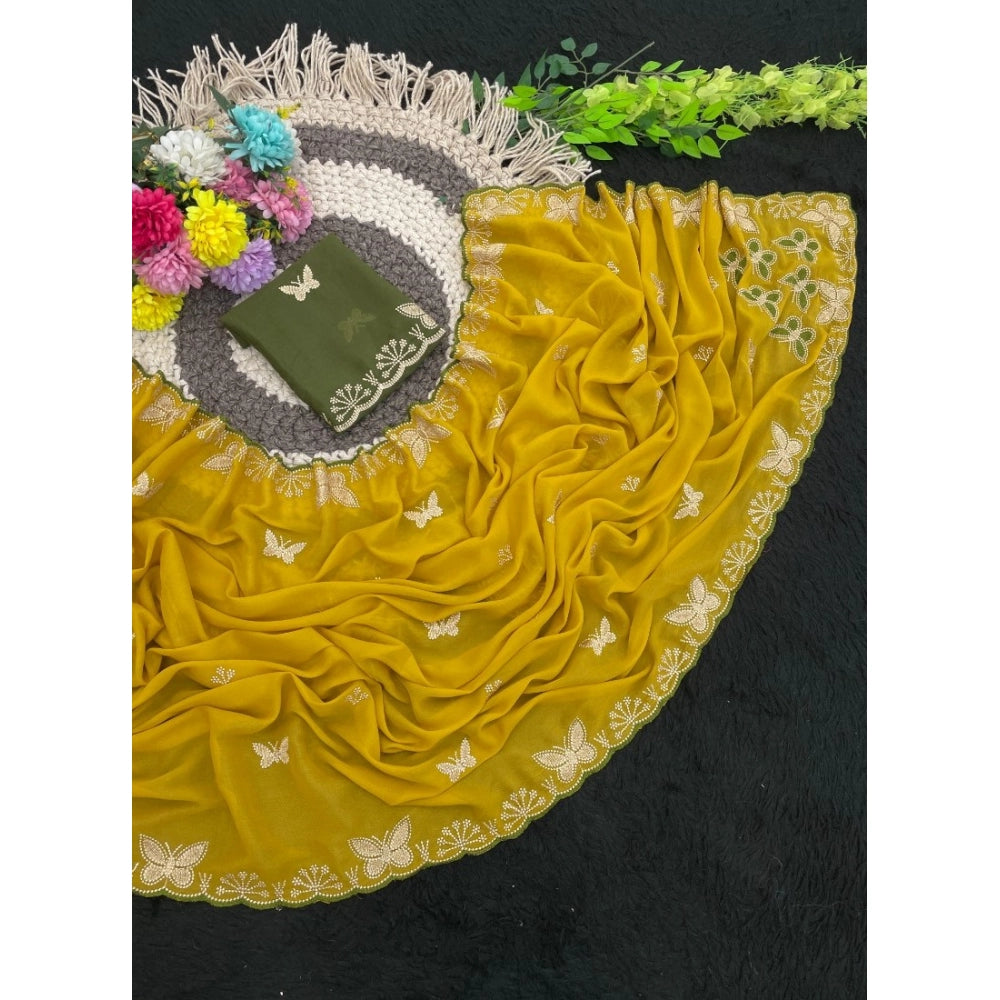 Women's Star Georgette Embellished Saree With Unstitched Blouse 5.5Mtr (Mustard)
