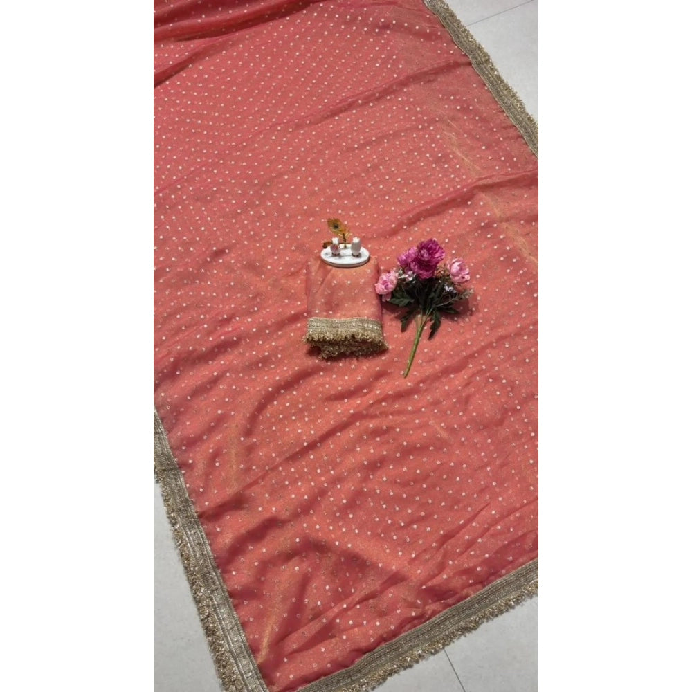 Women's Silk Embellished Saree With Unstitched Blouse 5.5Mtr (Peach)