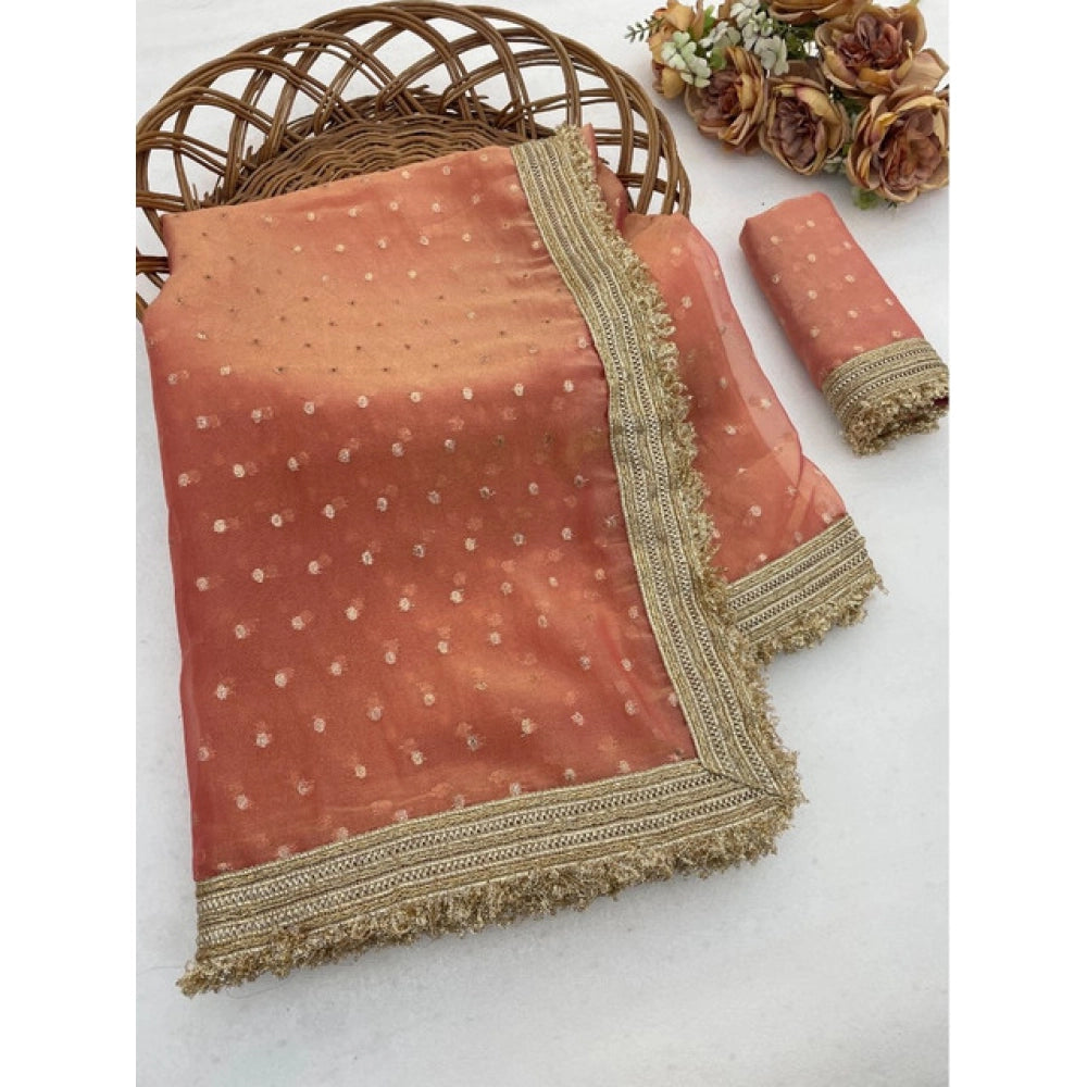 Women's Silk Embellished Saree With Unstitched Blouse 5.5Mtr (Peach)