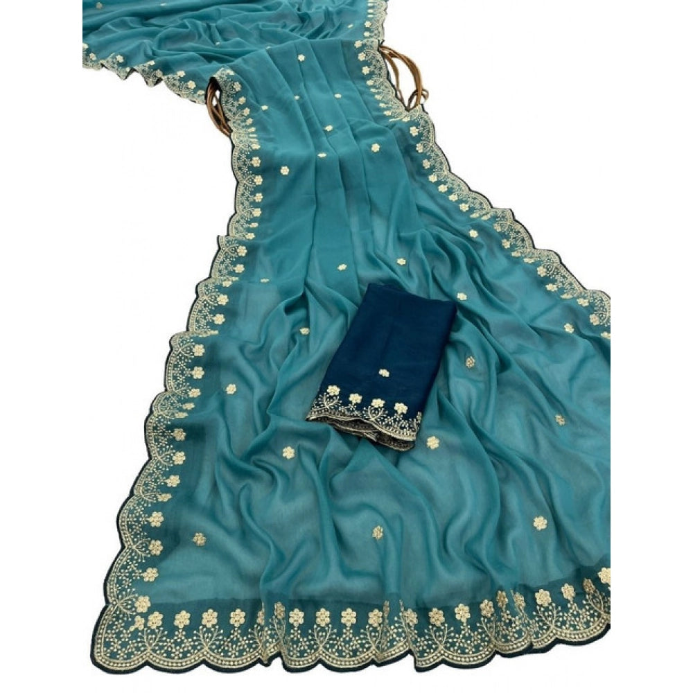 Women's Star Georgette Embroidered Saree With Unstitched Blouse 5.5Mtr (Blue)