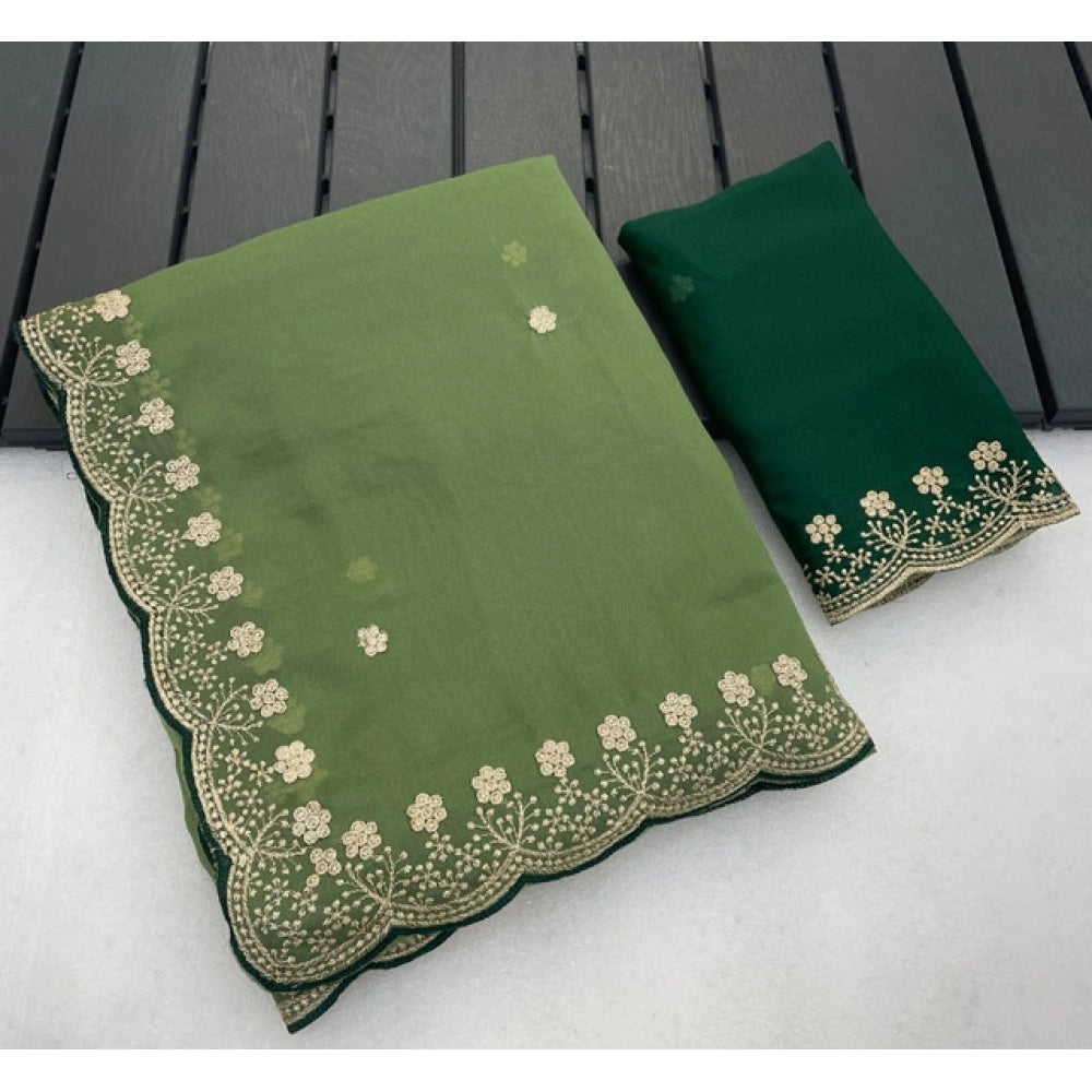 Women's Star Georgette Embroidered Saree With Unstitched Blouse 5.5Mtr (Green)