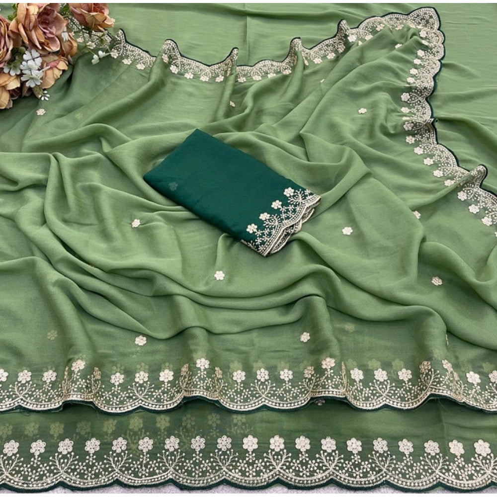 Women's Star Georgette Embroidered Saree With Unstitched Blouse 5.5Mtr (Green)