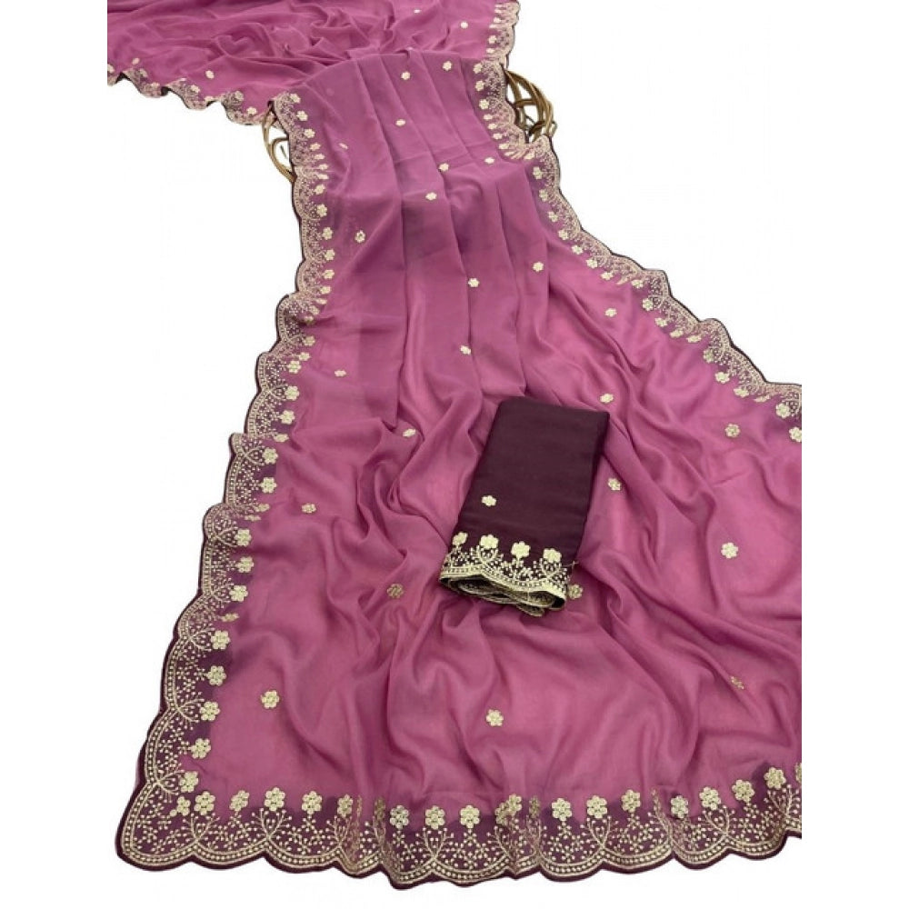 Women's Star Georgette Embroidered Saree With Unstitched Blouse 5.5Mtr (Pink)