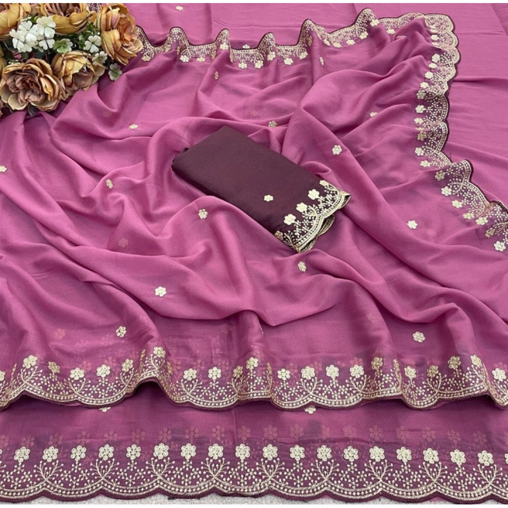 Women's Star Georgette Embroidered Saree With Unstitched Blouse 5.5Mtr (Pink)