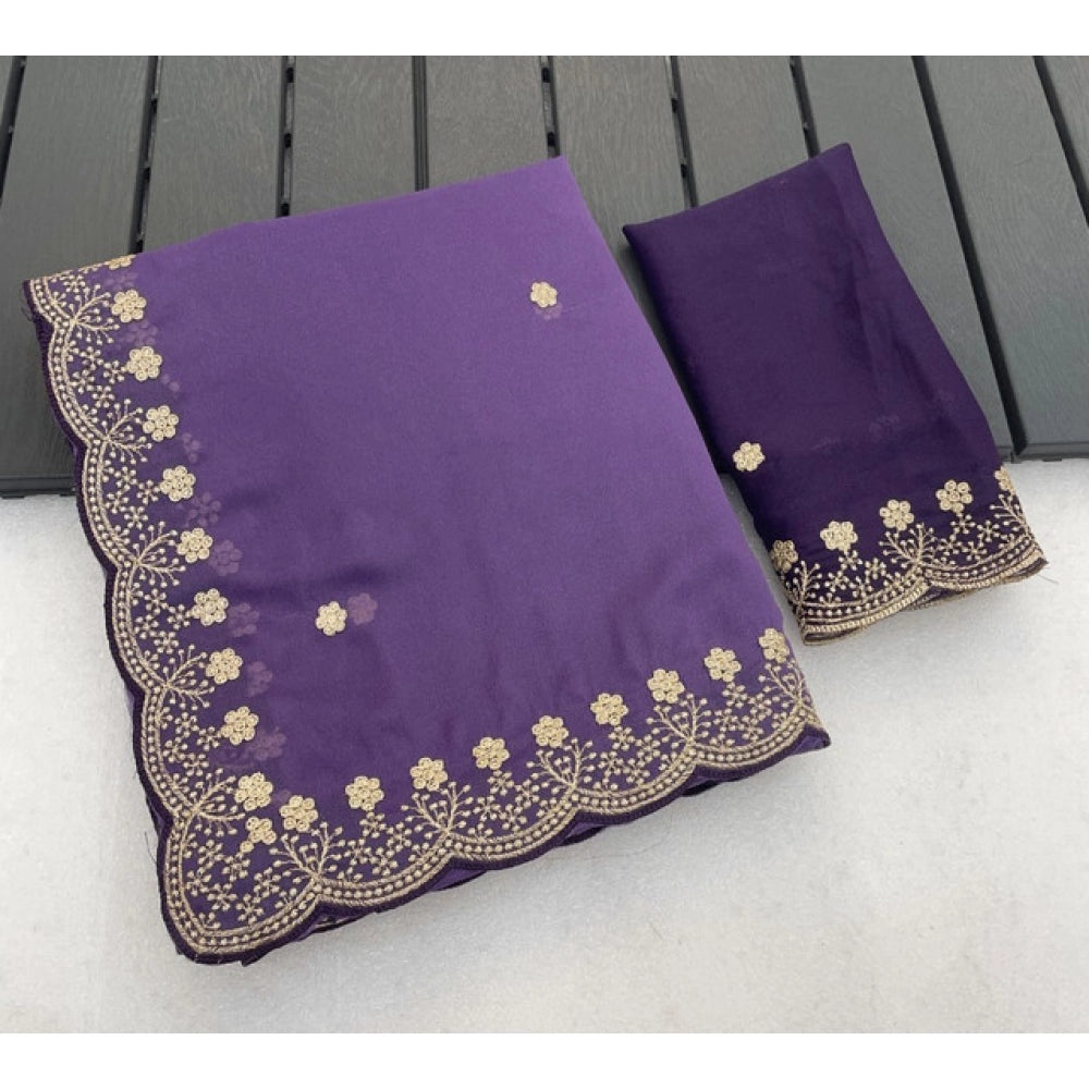 Women's Star Georgette Embroidered Saree With Unstitched Blouse 5.5Mtr (Purple)