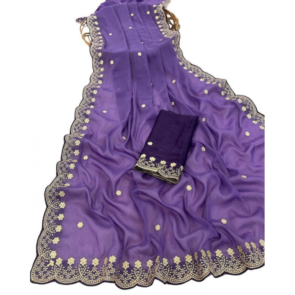 Women's Star Georgette Embroidered Saree With Unstitched Blouse 5.5Mtr (Purple)