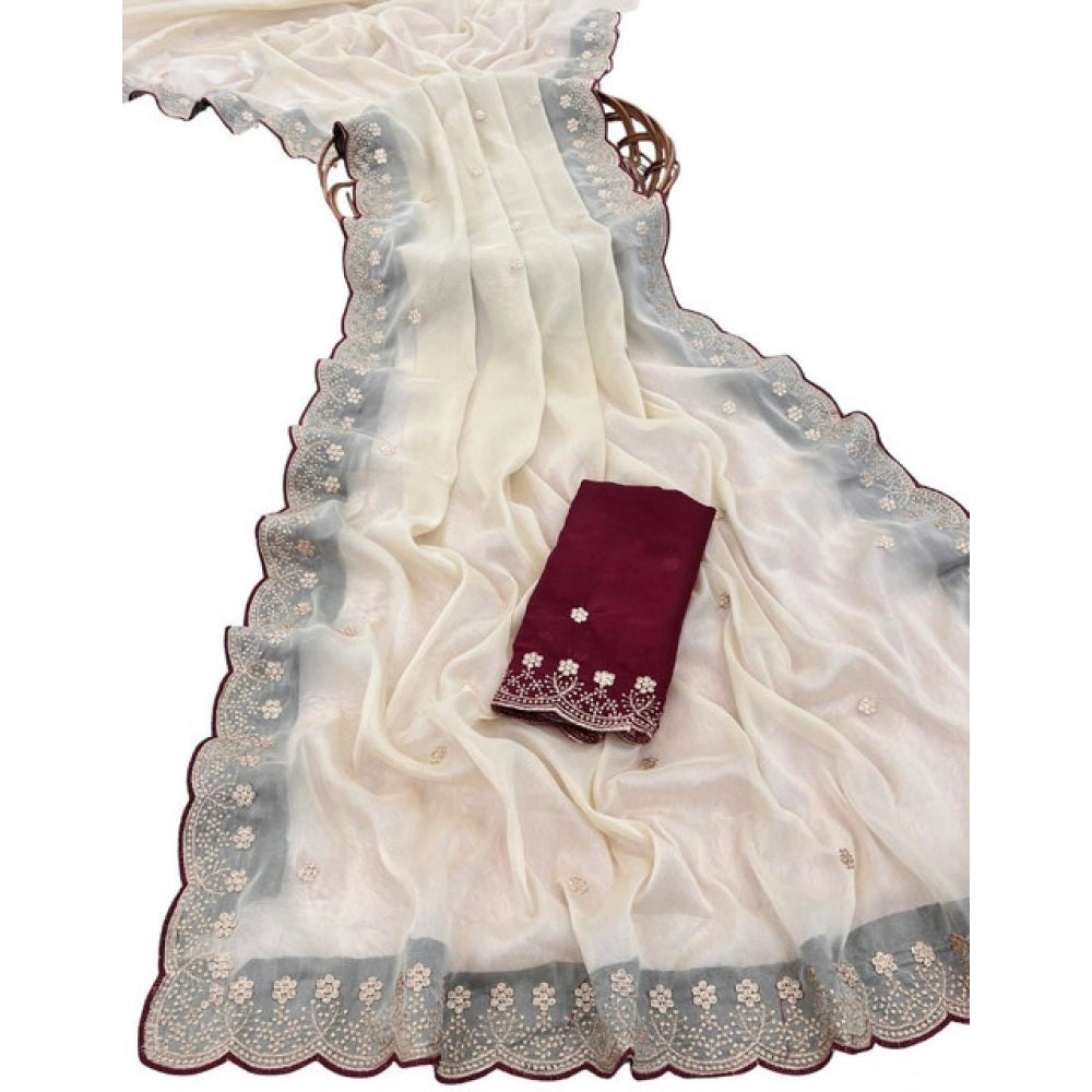 Women's Star Georgette Embroidered Saree With Unstitched Blouse 5.5Mtr (Off White)