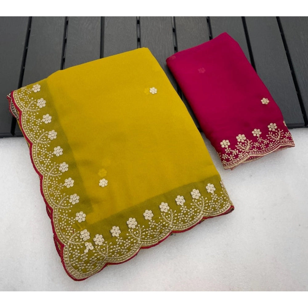 Women's Star Georgette Embroidered Saree With Unstitched Blouse 5.5Mtr (Yellow)
