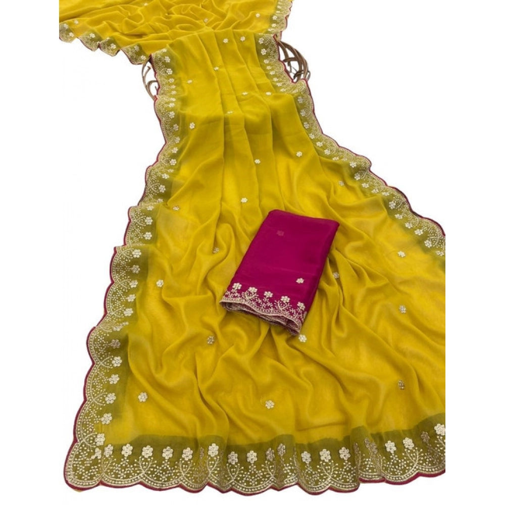 Women's Star Georgette Embroidered Saree With Unstitched Blouse 5.5Mtr (Yellow)