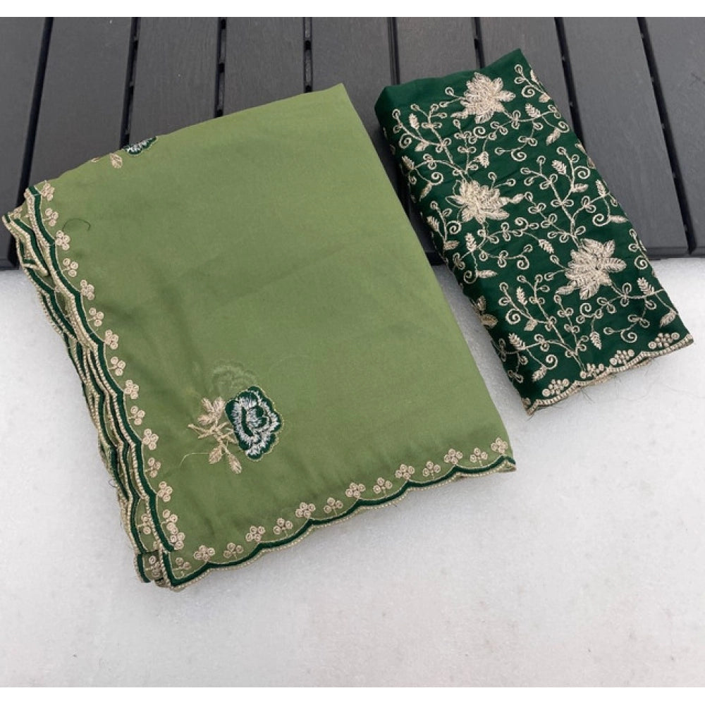 Women's Star Georgette Embroidered Saree With Unstitched Blouse 5.5Mtr (Green)