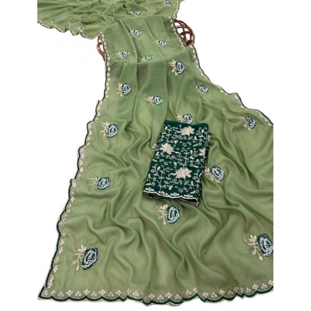 Women's Star Georgette Embroidered Saree With Unstitched Blouse 5.5Mtr (Green)