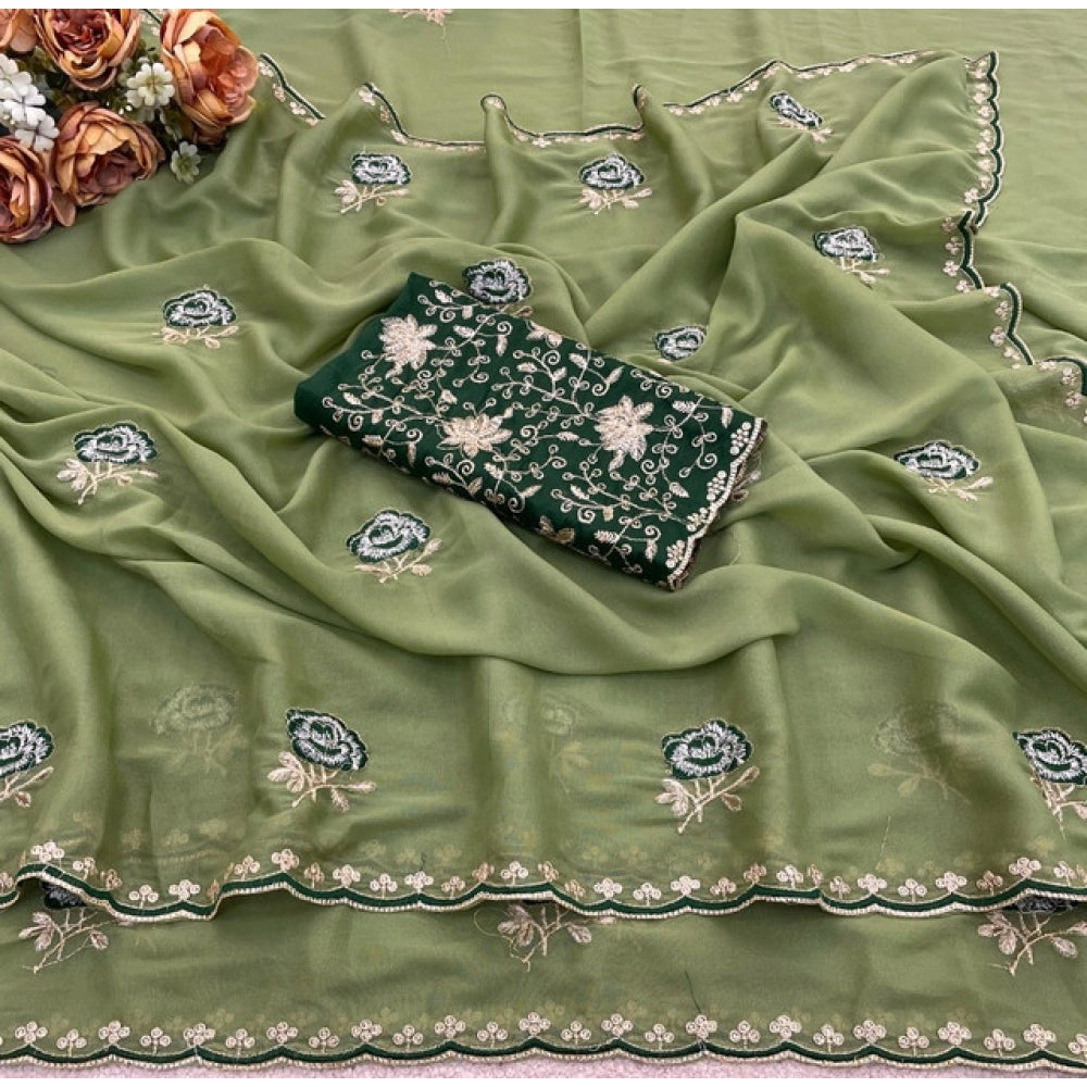 Women's Star Georgette Embroidered Saree With Unstitched Blouse 5.5Mtr (Green)