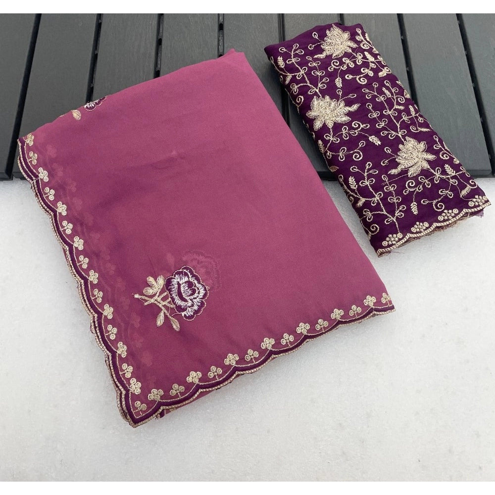 Women's Star Georgette Embroidered Saree With Unstitched Blouse 5.5Mtr (Pink)