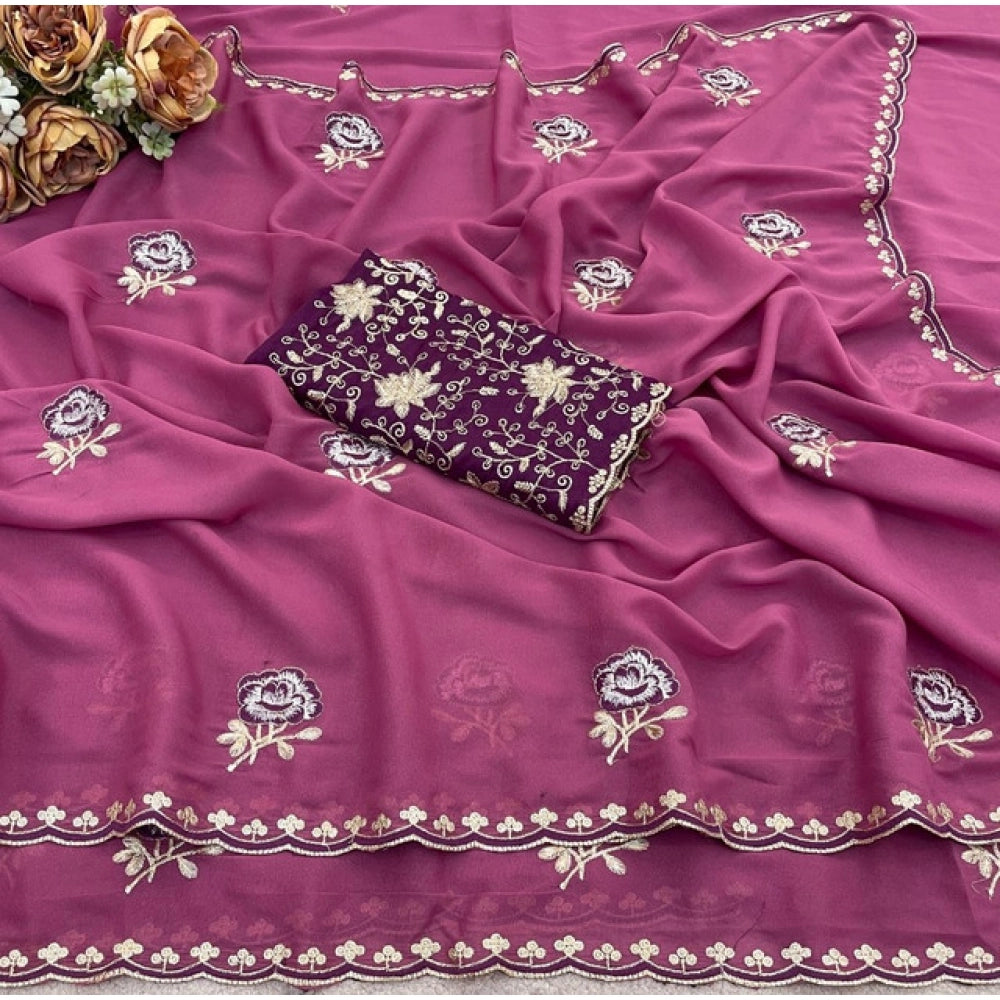 Women's Star Georgette Embroidered Saree With Unstitched Blouse 5.5Mtr (Pink)