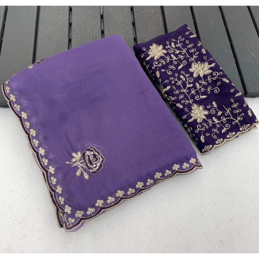 Women's Star Georgette Embroidered Saree With Unstitched Blouse 5.5Mtr (Purple)
