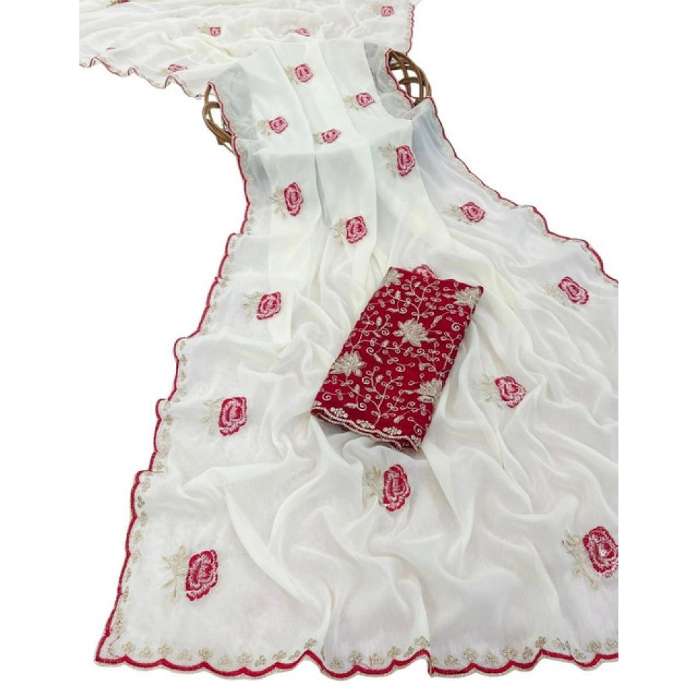 Women's Star Georgette Embroidered Saree With Unstitched Blouse 5.5Mtr (White)